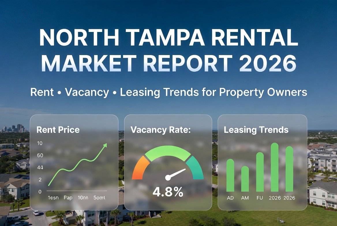 North Tampa Rental Market Report 2026: rent price trend graph, 4.8% vacancy rate gauge, and leasing trends bar chart overlaid on sunny North Tampa rental homes and neighborhood