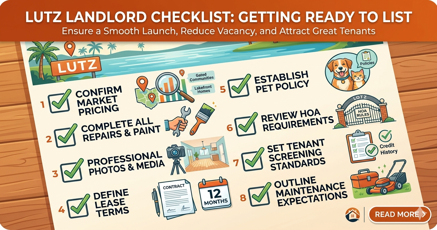 A featured blog image in an illustrative style, titled "LUTZ LANDLORD CHECKLIST: GETTING READY TO LIST" and sub-titled "Ensure a Smooth Launch, Reduce Vacancy, and Attract Great Tenants." The central image is a numbered checklist on a clipboard graphic, set against a background of wooden planks and a stylized illustration of a Lutz landscape with a sign labeled "LUTZ," a lake, and palm trees. There are eight checklist items, each with a green checkmark and a corresponding icon: 1) CONFIRM MARKET PRICING (a magnifying glass over charts and a "LUTZ" map showing "Gated Communities" and "Lakefront Homes"), 2) COMPLETE ALL REPAIRS & PAINT (a hand holding a wrench and paintbrush), 3) PROFESSIONAL PHOTOS & MEDIA (a camera on a tripod in a living room), 4) DEFINE LEASE TERMS (a "CONTRACT" document and a calendar showing "12 MONTHS"), 5) ESTABLISH PET POLICY (a happy dog and cat and "Policies"), 6) REVIEW HOA REQUIREMENTS (a gated entrance with "HOA RULES"), 7) SET TENANT SCREENING STANDARDS (a checklist on a clipboard with "Credit History"), and 8) OUTLINE MAINTENANCE EXPECTATIONS (a toolbox and a lawnmower). A button in the bottom right corner says "READ MORE >".