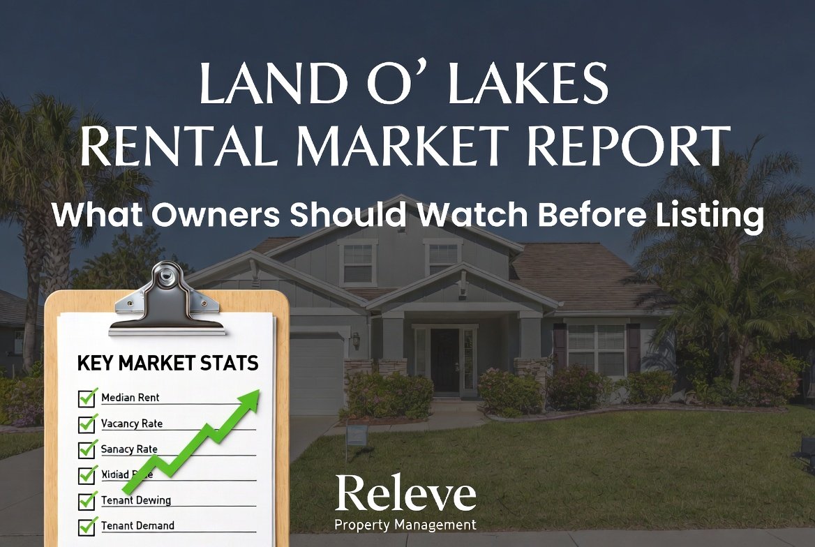 and O’ Lakes Rental Market Report: What Owners Should Watch Before Listing – Modern Florida rental home with key market stats clipboard